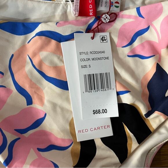 Red Carter Tropical Leaf Print High Rise Bikini bottoms moonstone cream - S - Picture 8 of 9